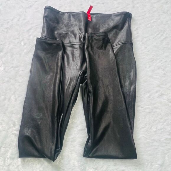 Spanx Womens Black Faux Leather Elastic Waist Stretch Leggings Pants Size Large - Picture 3 of 6